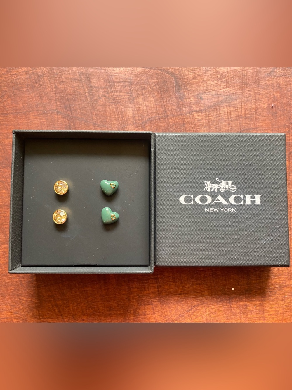 Coach Green Heart and Gold Crystal Stud Earrings
